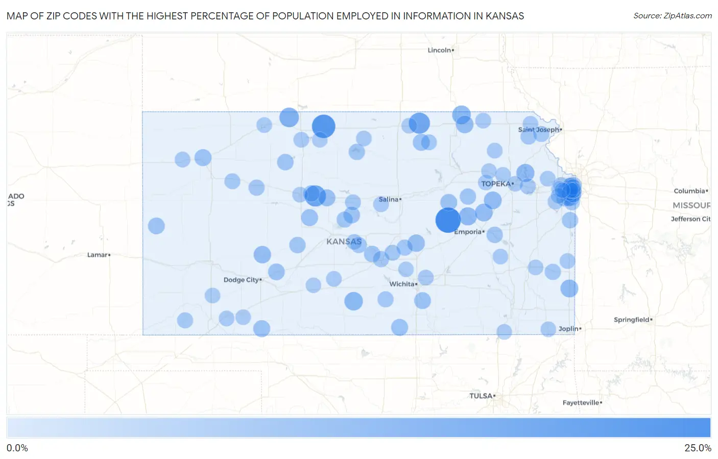 Zip Codes with the Highest Percentage of Population Employed in Information in Kansas Map