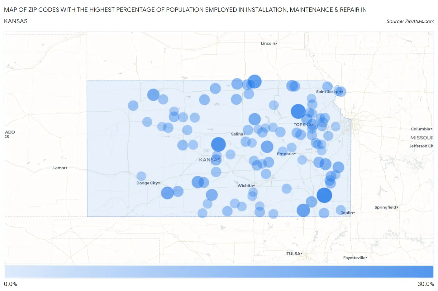 Zip Codes with the Highest Percentage of Population Employed in Installation, Maintenance & Repair in Kansas Map