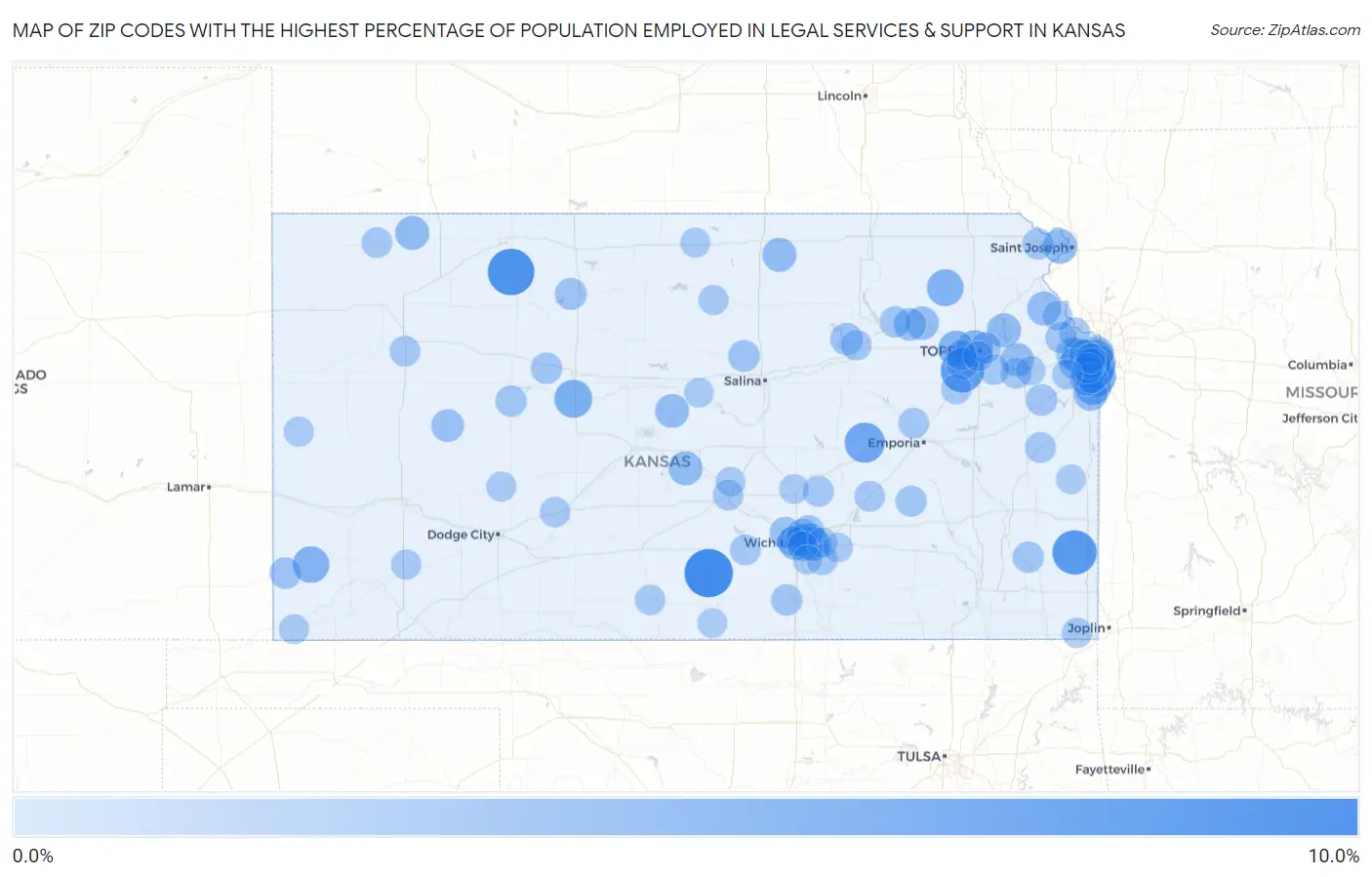 Zip Codes with the Highest Percentage of Population Employed in Legal Services & Support in Kansas Map