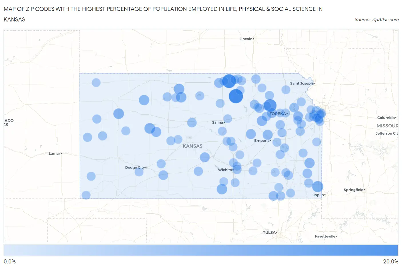 Zip Codes with the Highest Percentage of Population Employed in Life, Physical & Social Science in Kansas Map
