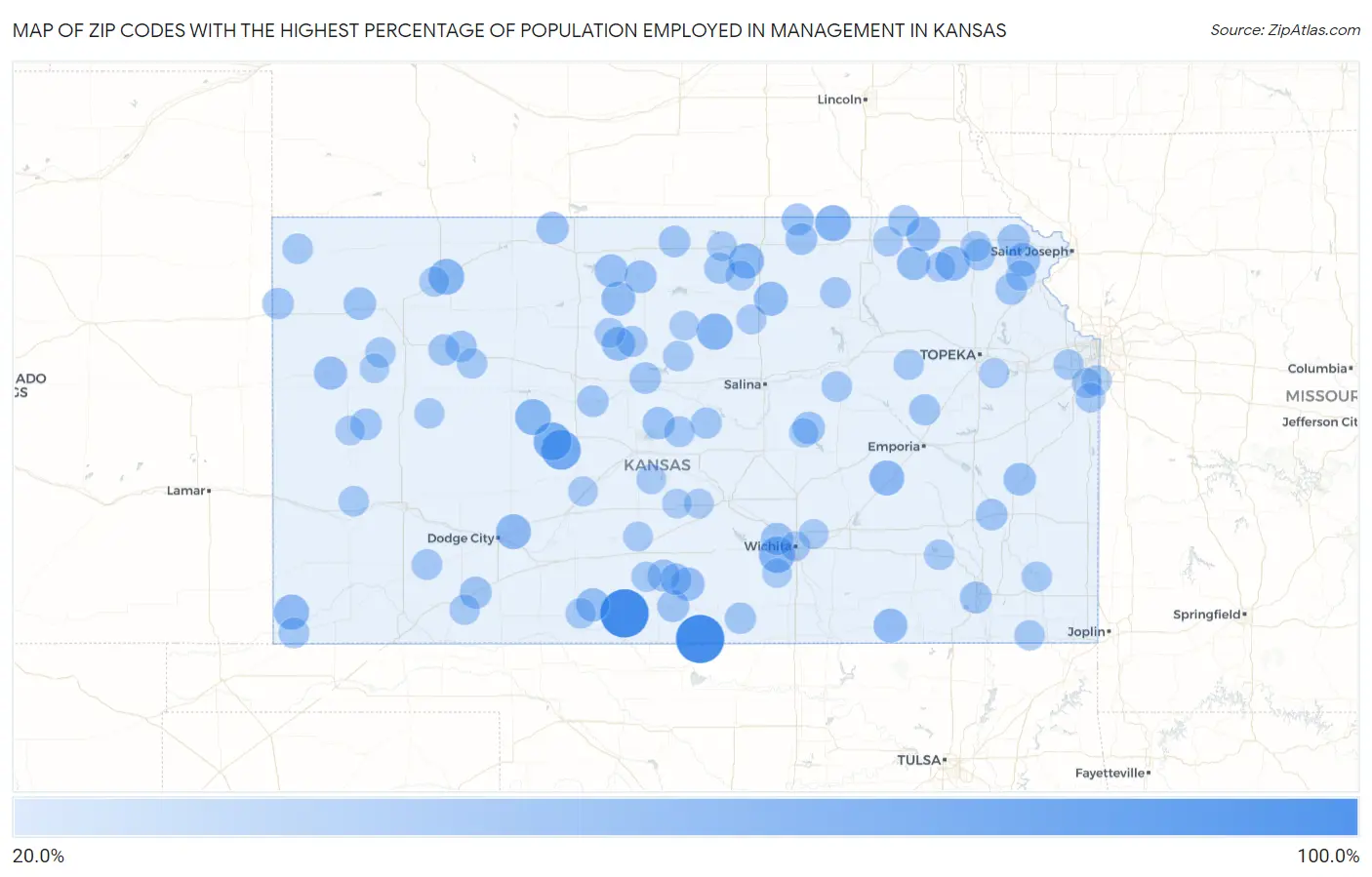 Zip Codes with the Highest Percentage of Population Employed in Management in Kansas Map
