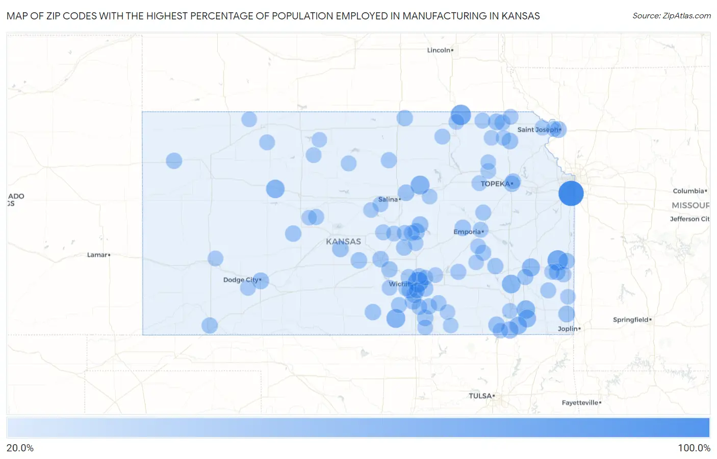 Zip Codes with the Highest Percentage of Population Employed in Manufacturing in Kansas Map
