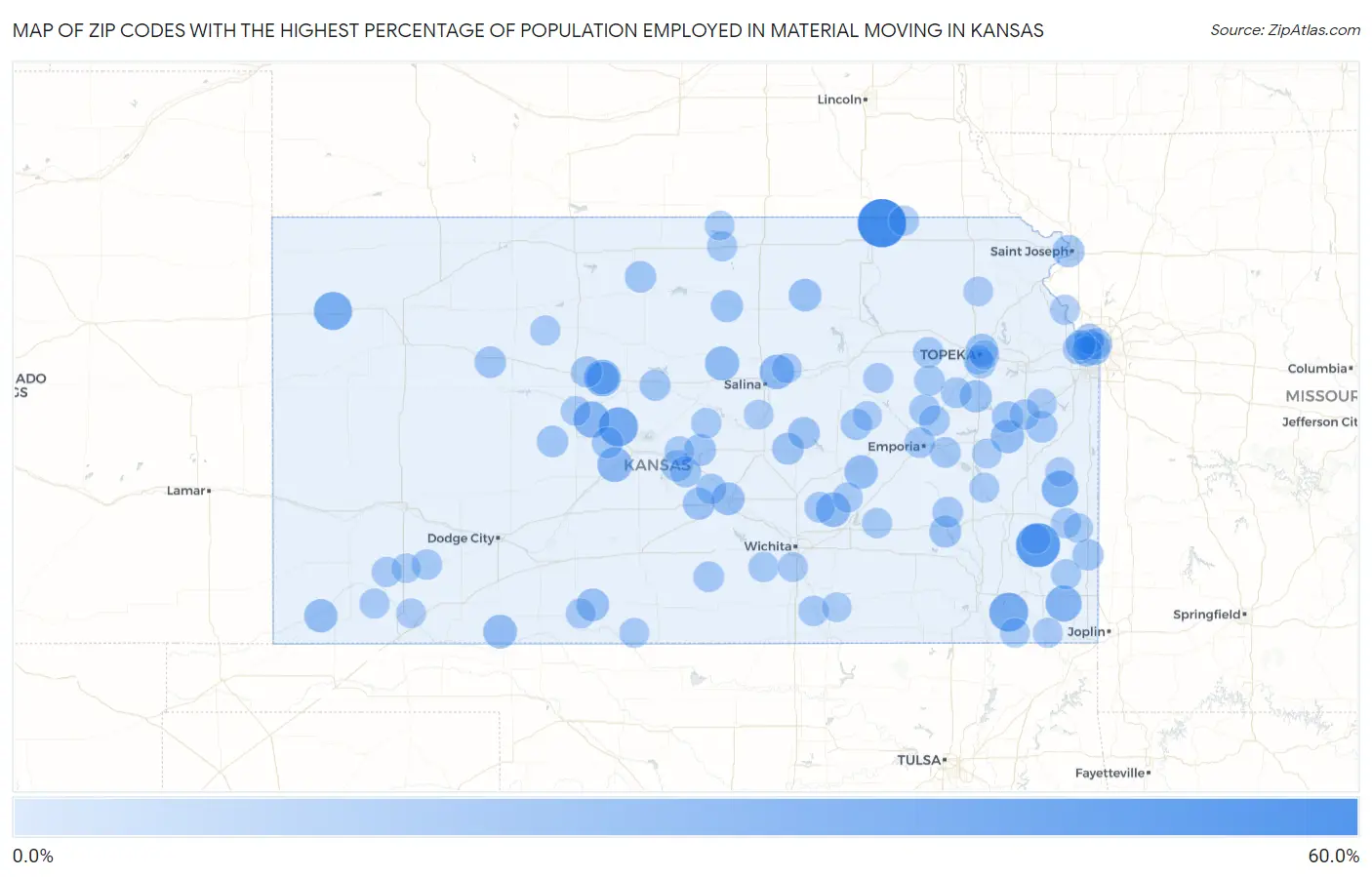 Zip Codes with the Highest Percentage of Population Employed in Material Moving in Kansas Map