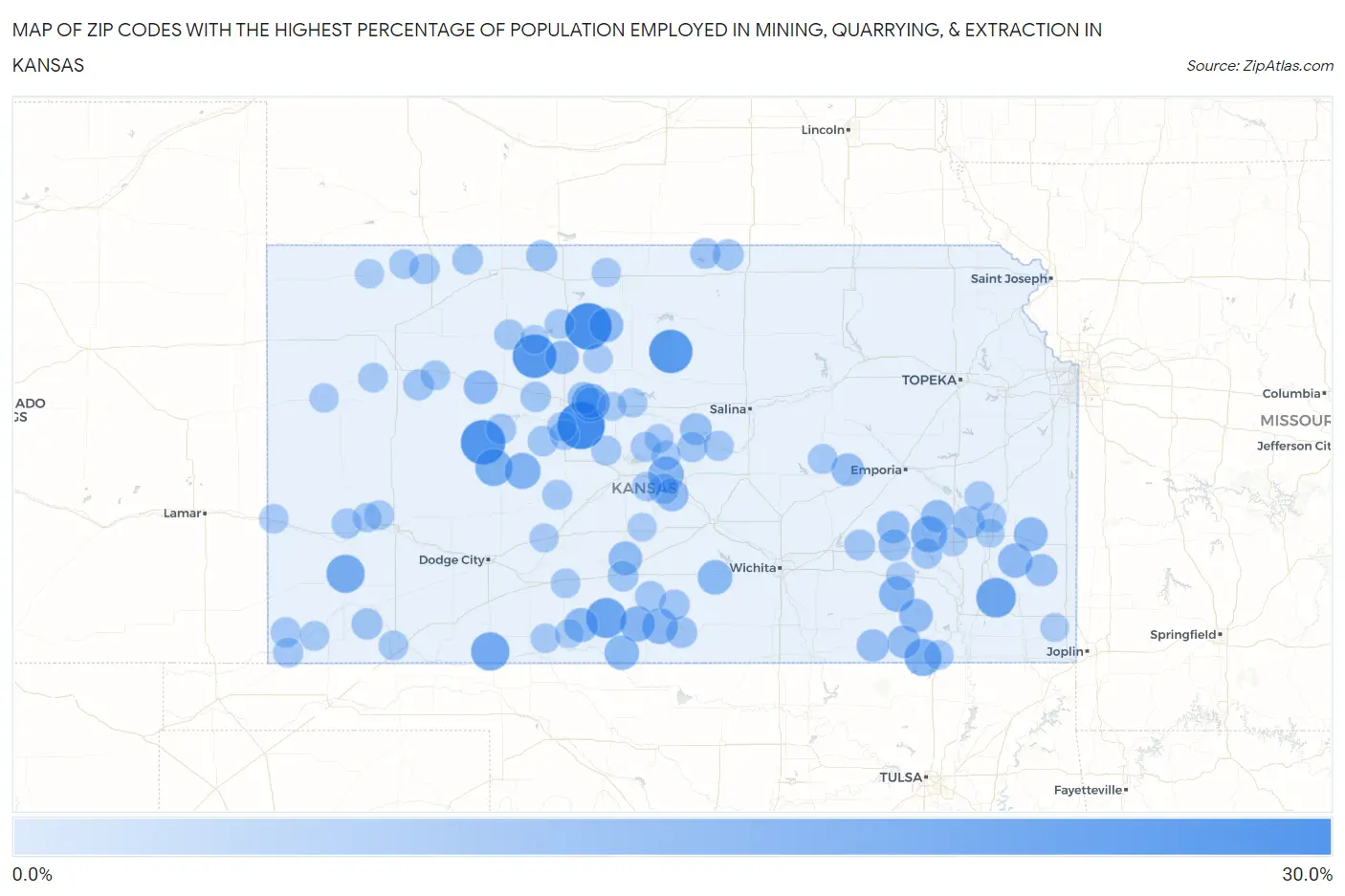 Zip Codes with the Highest Percentage of Population Employed in Mining, Quarrying, & Extraction in Kansas Map
