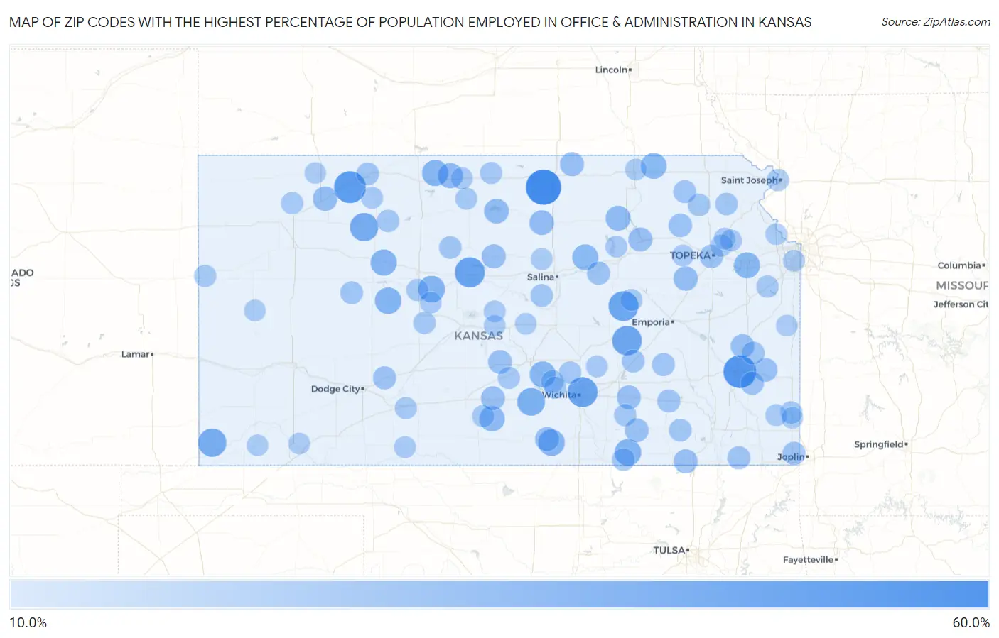 Zip Codes with the Highest Percentage of Population Employed in Office & Administration in Kansas Map