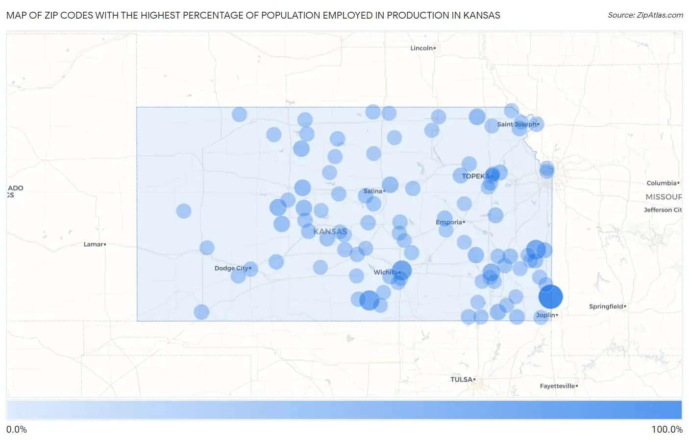 Zip Codes with the Highest Percentage of Population Employed in Production in Kansas Map