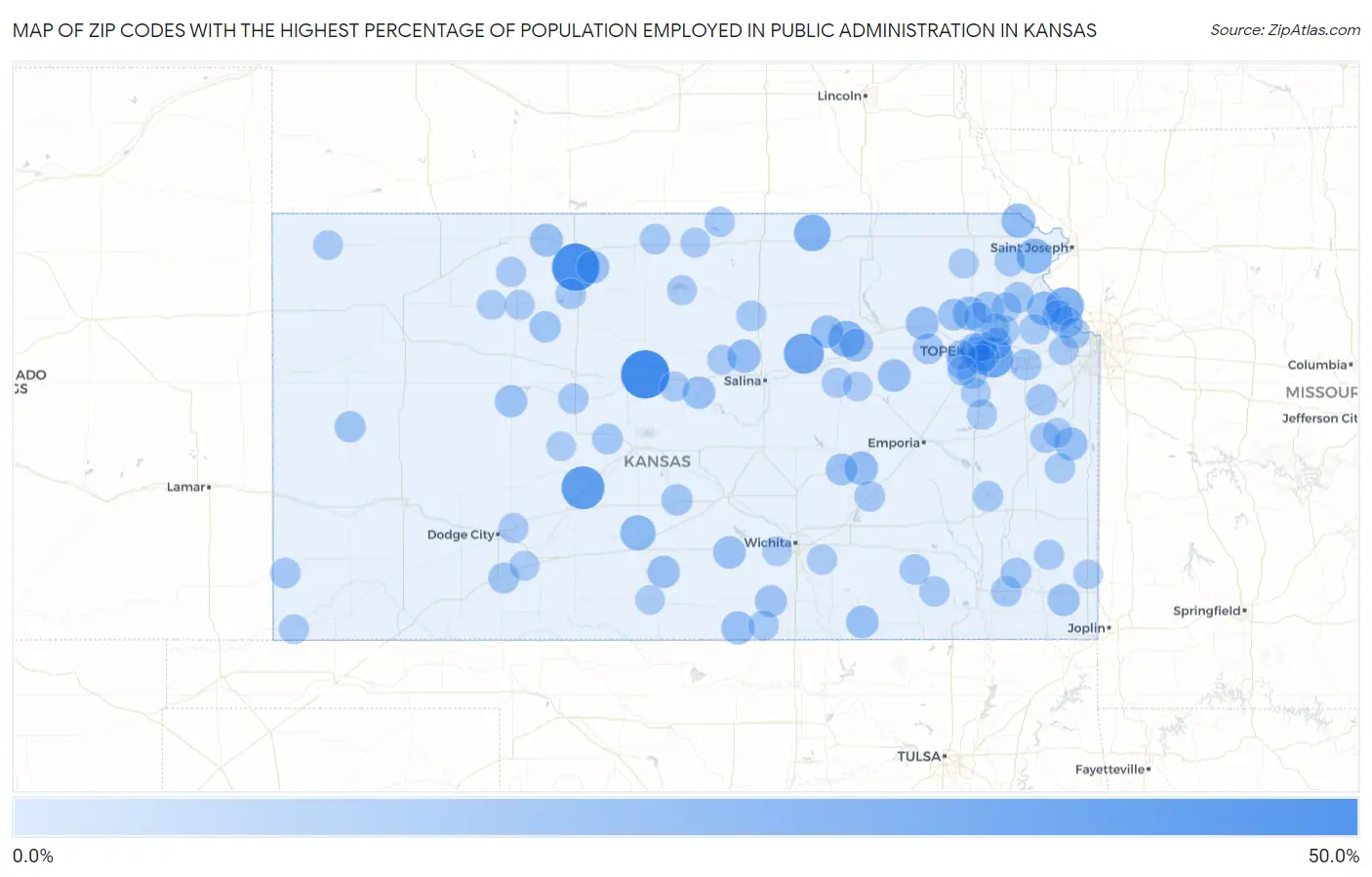 Zip Codes with the Highest Percentage of Population Employed in Public Administration in Kansas Map