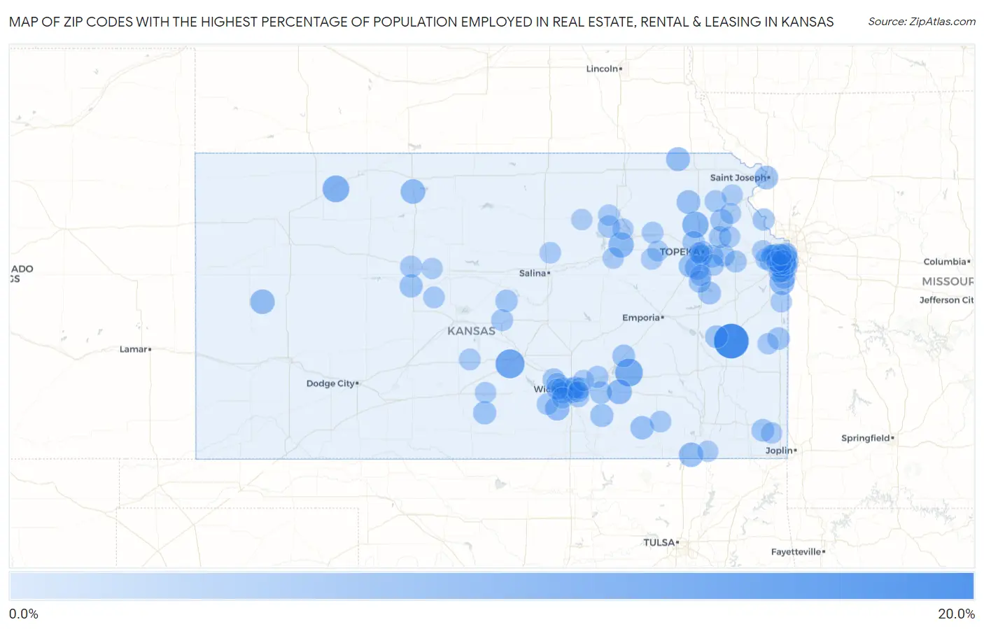 Zip Codes with the Highest Percentage of Population Employed in Real Estate, Rental & Leasing in Kansas Map