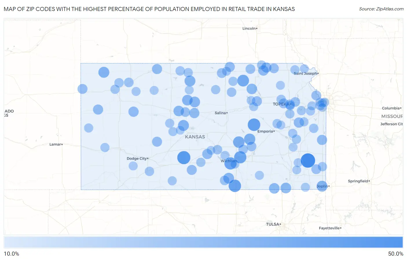 Zip Codes with the Highest Percentage of Population Employed in Retail Trade in Kansas Map