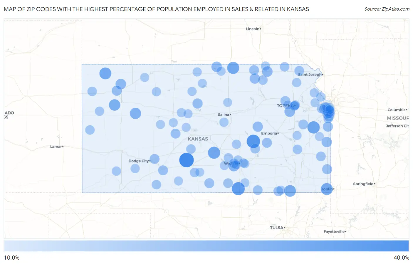 Zip Codes with the Highest Percentage of Population Employed in Sales & Related in Kansas Map