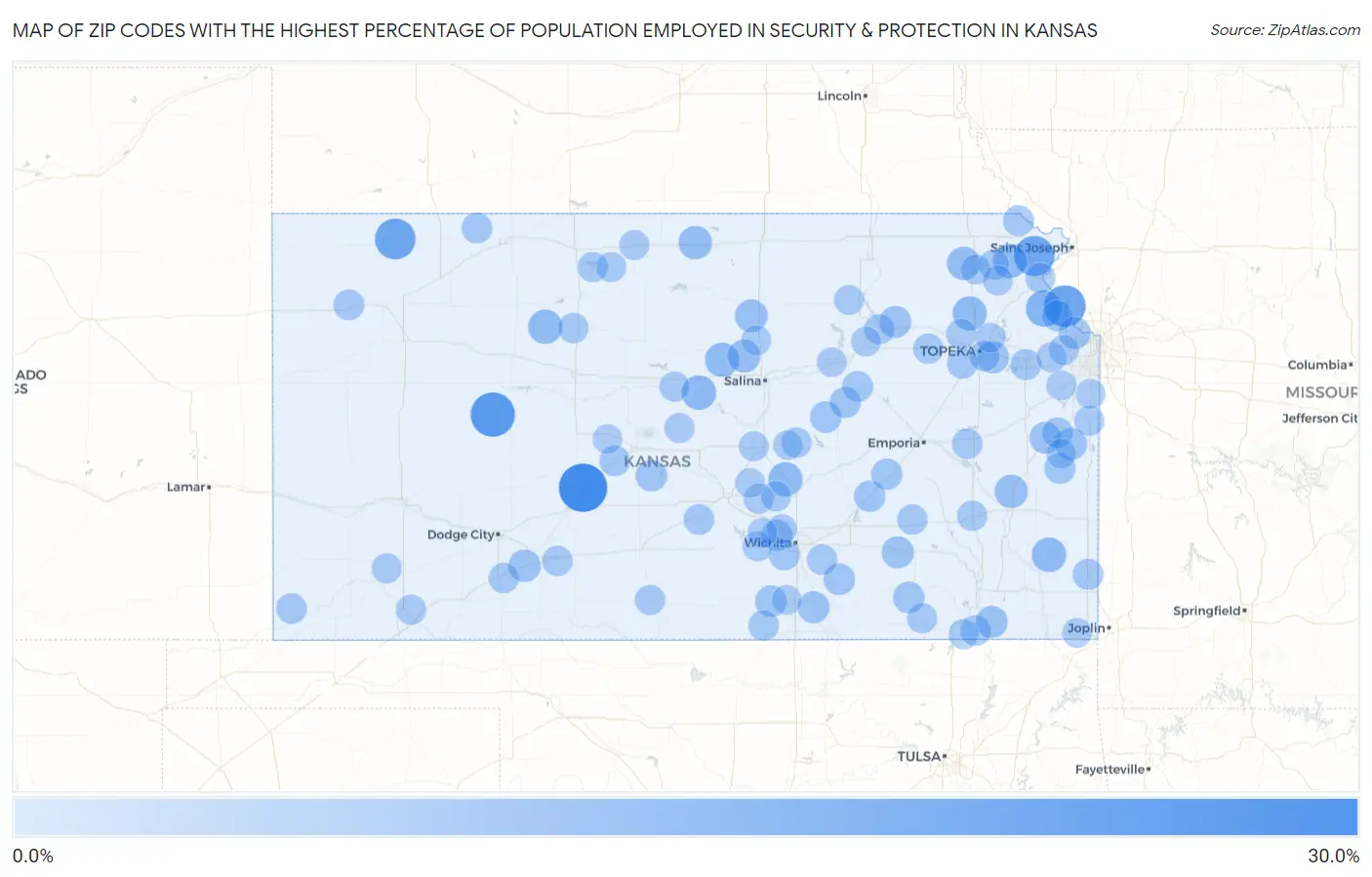 Zip Codes with the Highest Percentage of Population Employed in Security & Protection in Kansas Map
