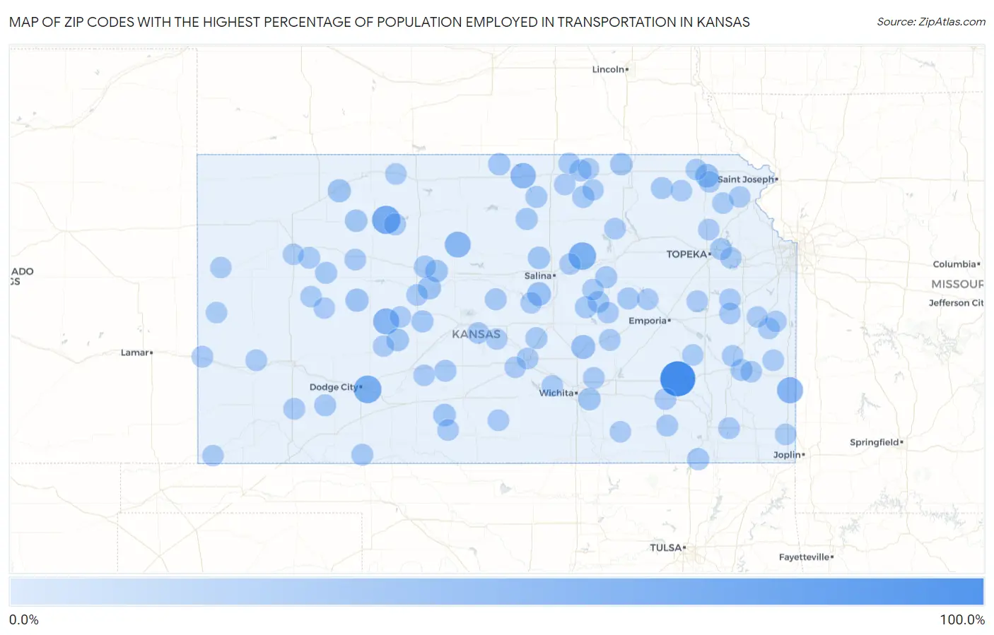 Zip Codes with the Highest Percentage of Population Employed in Transportation in Kansas Map