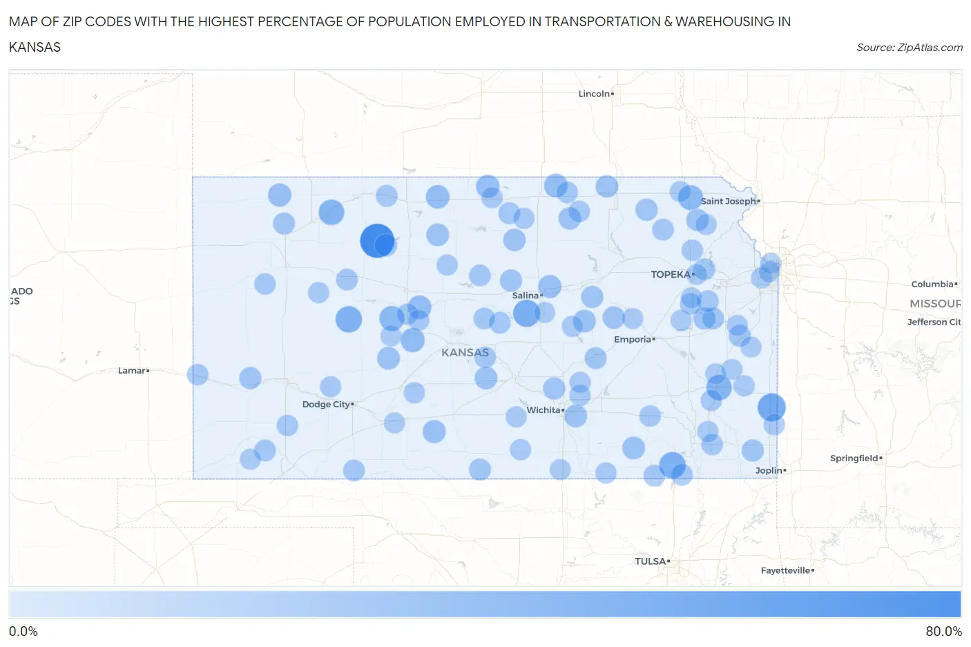 Zip Codes with the Highest Percentage of Population Employed in Transportation & Warehousing in Kansas Map
