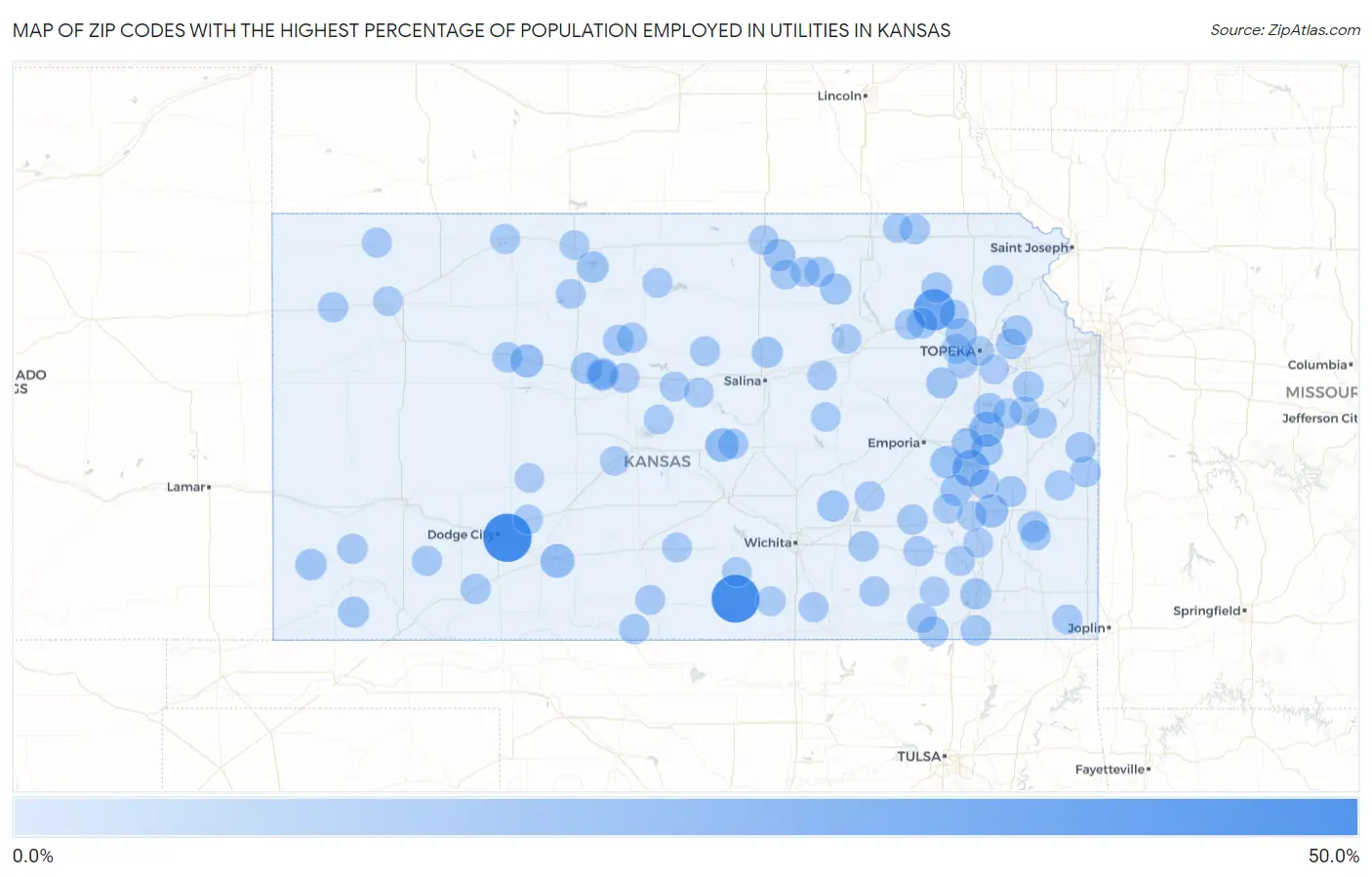Zip Codes with the Highest Percentage of Population Employed in Utilities in Kansas Map