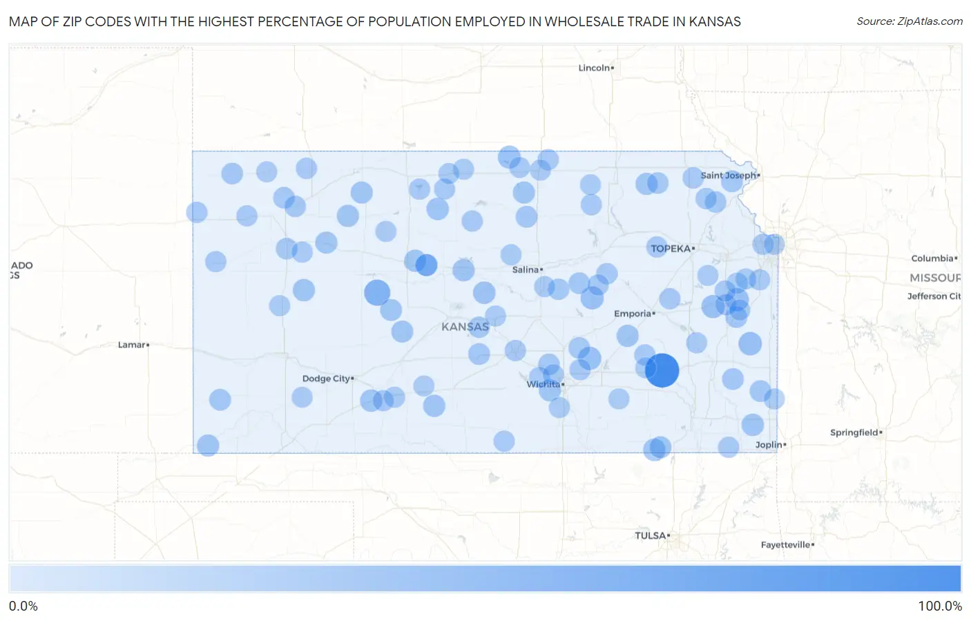 Zip Codes with the Highest Percentage of Population Employed in Wholesale Trade in Kansas Map