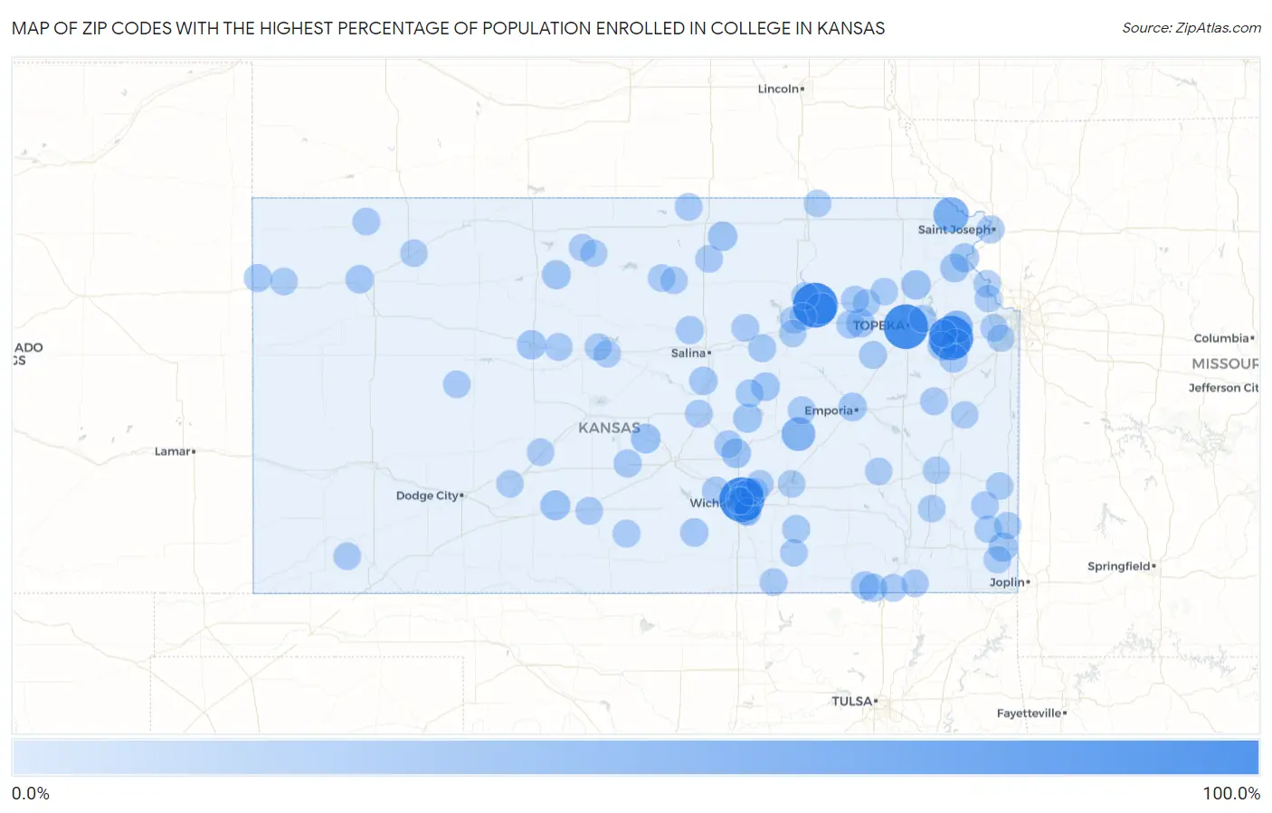 Zip Codes with the Highest Percentage of Population Enrolled in College in Kansas Map