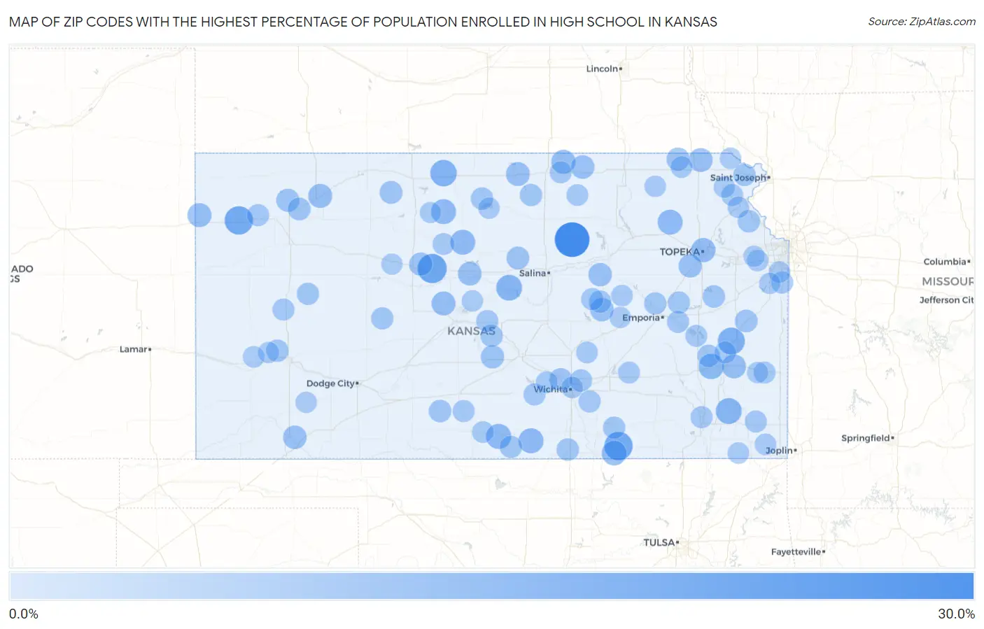 Zip Codes with the Highest Percentage of Population Enrolled in High School in Kansas Map