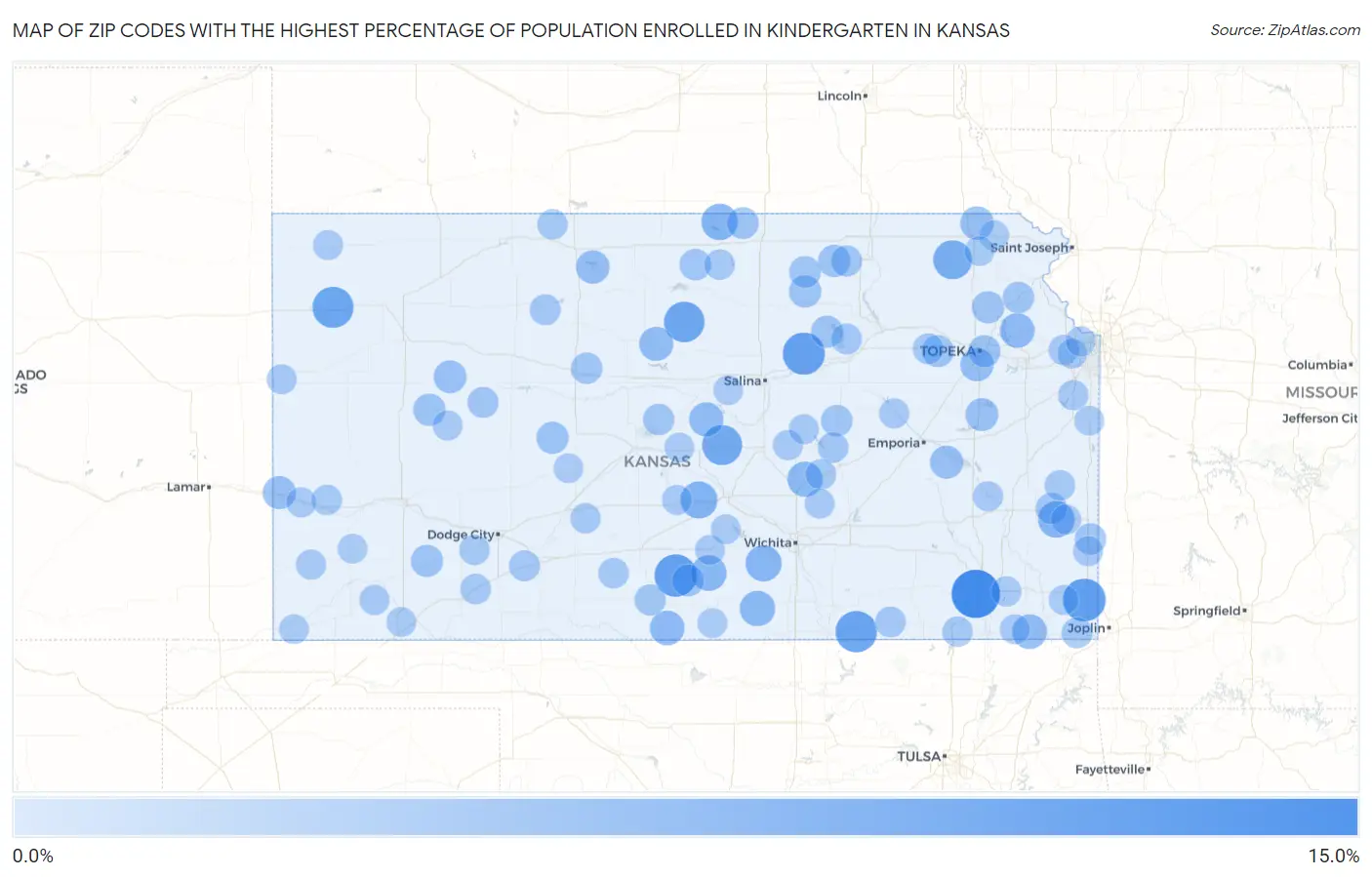 Zip Codes with the Highest Percentage of Population Enrolled in Kindergarten in Kansas Map