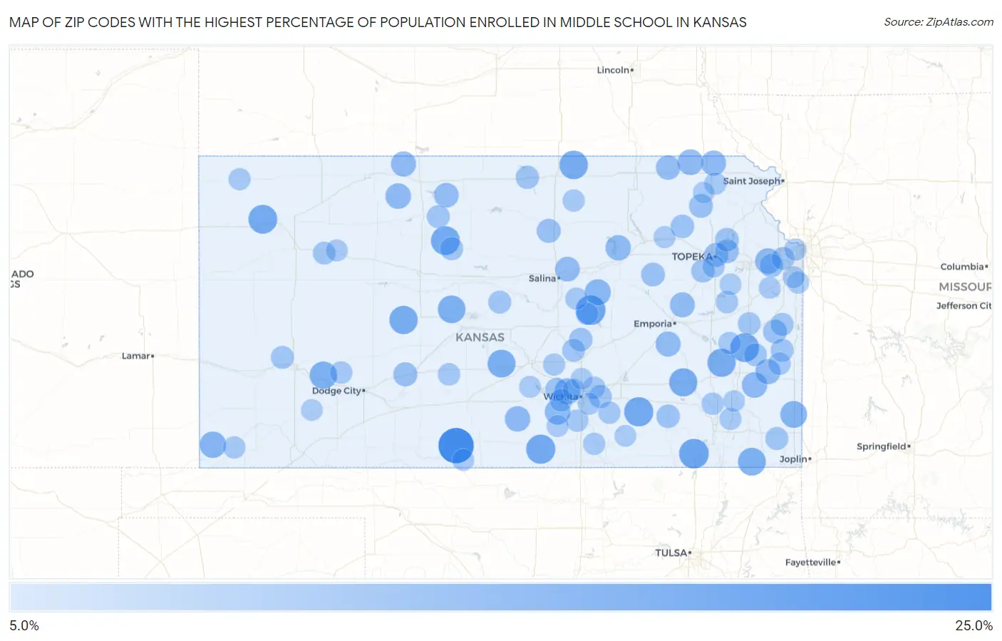 Zip Codes with the Highest Percentage of Population Enrolled in Middle School in Kansas Map