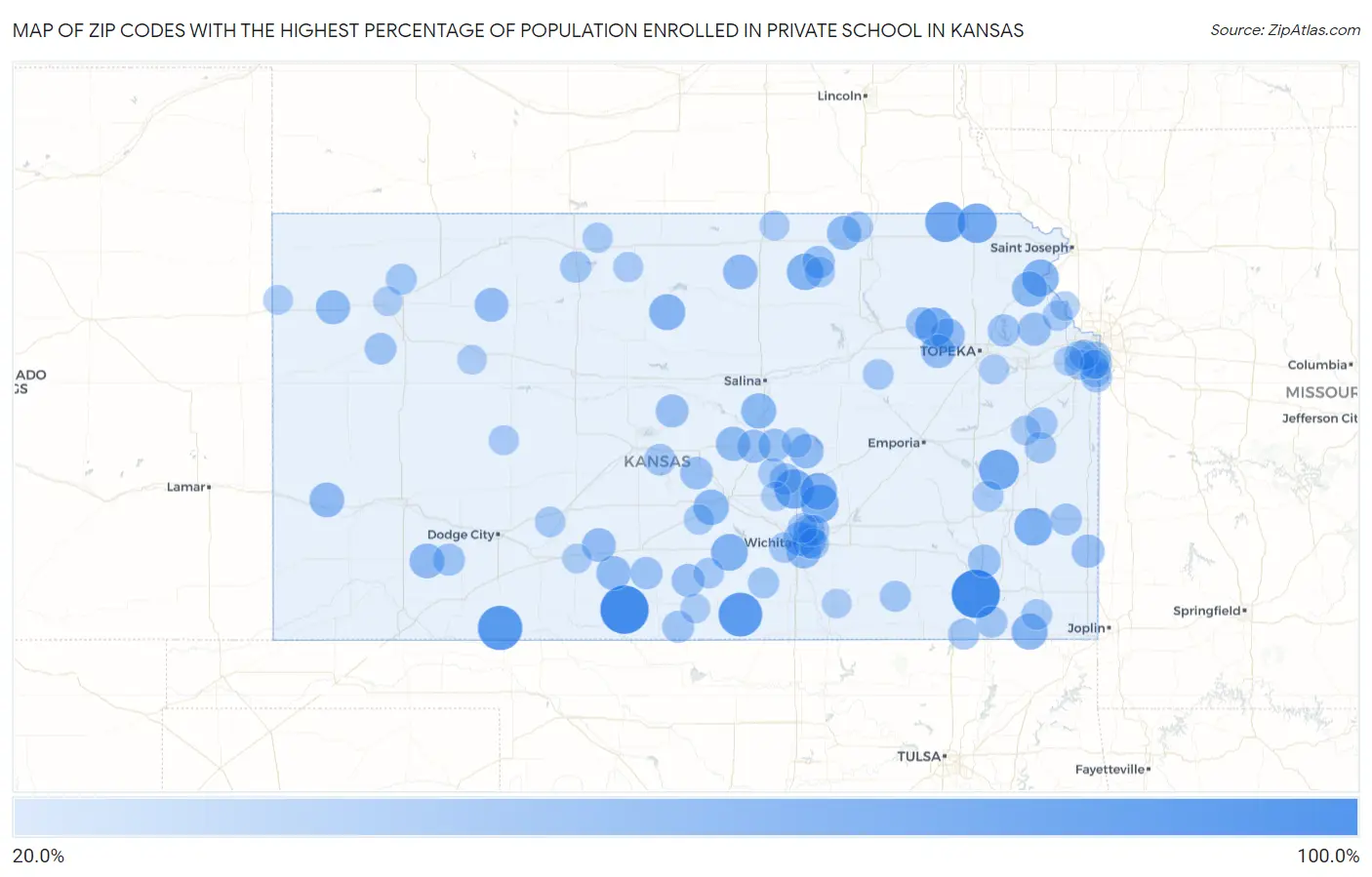 Zip Codes with the Highest Percentage of Population Enrolled in Private School in Kansas Map