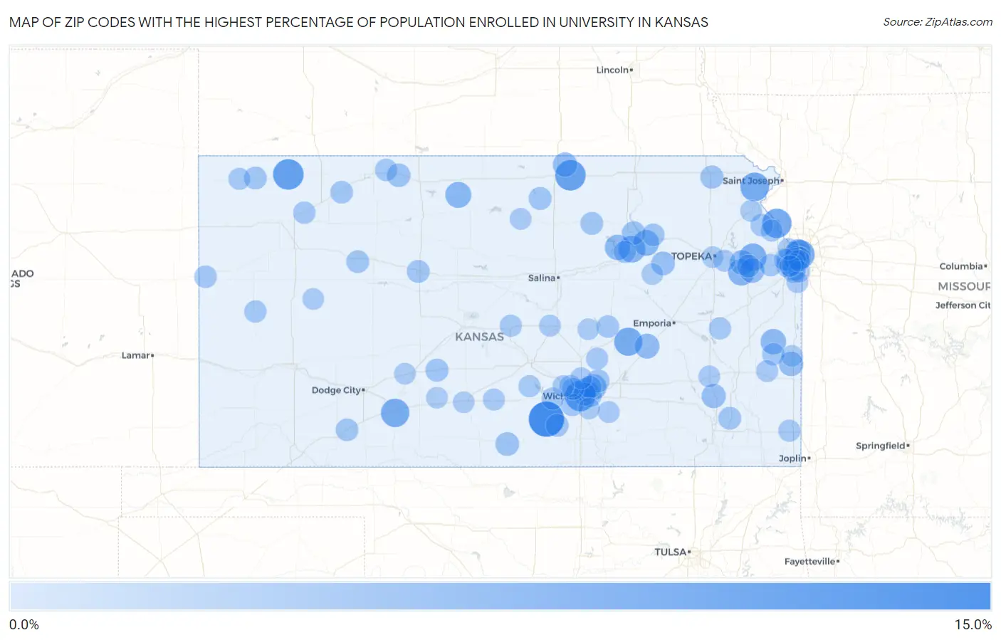 Zip Codes with the Highest Percentage of Population Enrolled in University in Kansas Map