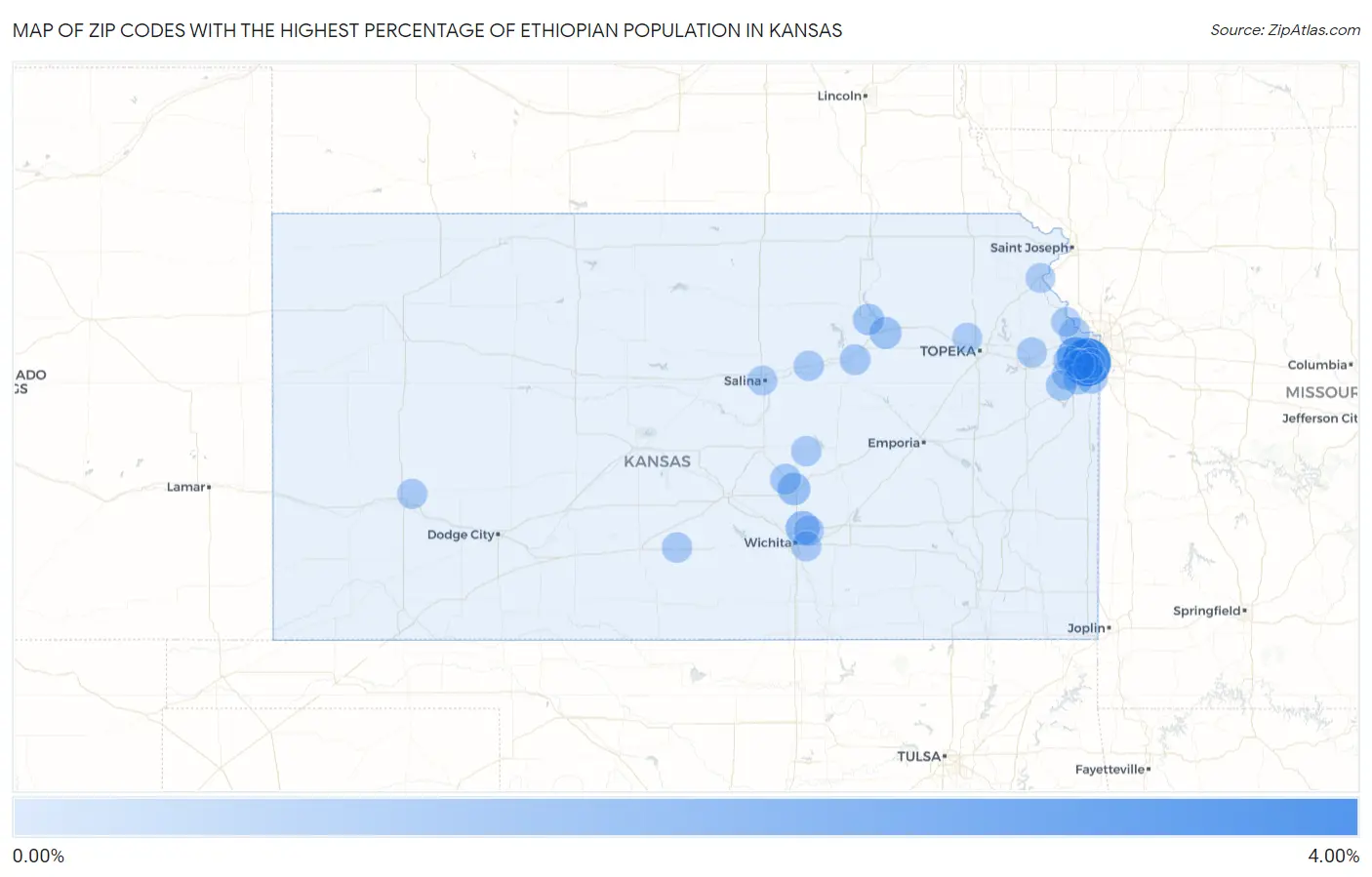 Zip Codes with the Highest Percentage of Ethiopian Population in Kansas Map