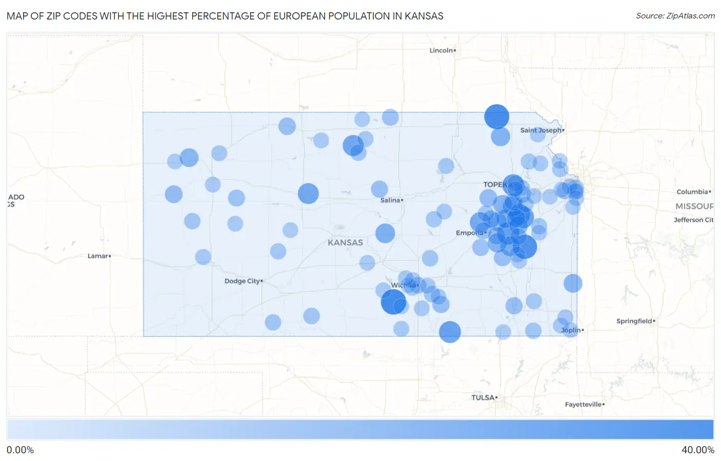 Zip Codes with the Highest Percentage of European Population in Kansas Map