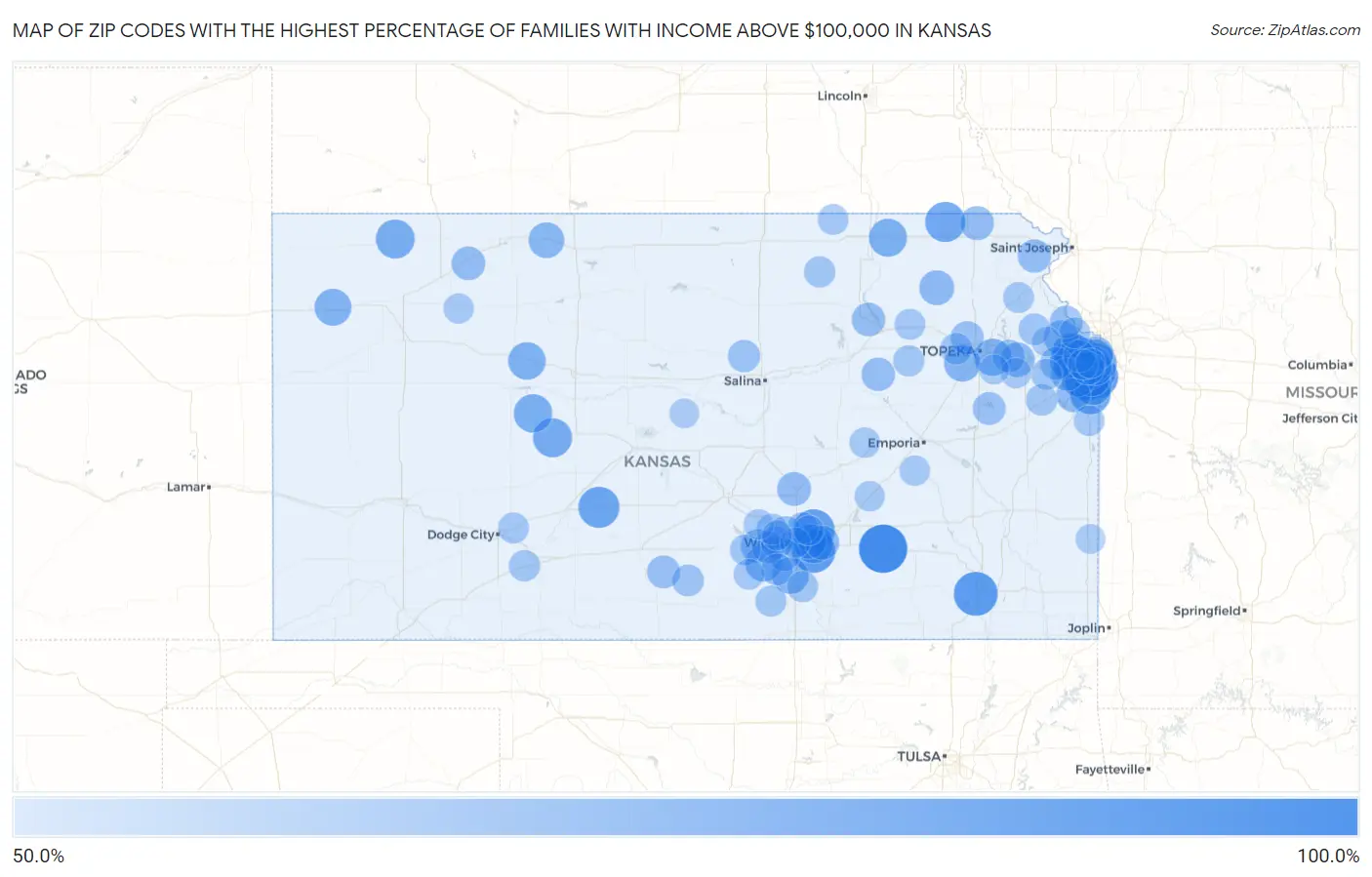 Zip Codes with the Highest Percentage of Families with Income Above $100,000 in Kansas Map