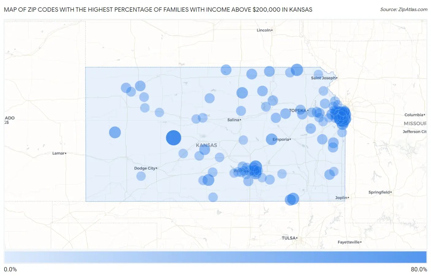 Zip Codes with the Highest Percentage of Families with Income Above $200,000 in Kansas Map