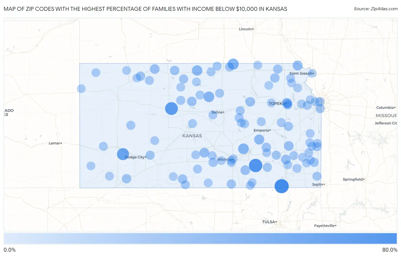 Zip Codes with the Highest Percentage of Families with Income Below $10,000 in Kansas Map