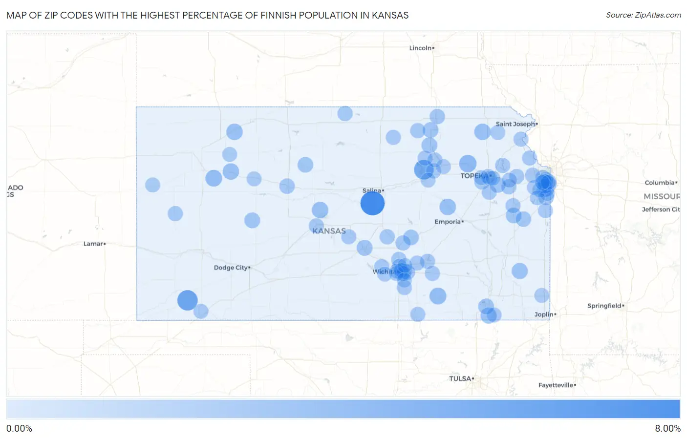 Zip Codes with the Highest Percentage of Finnish Population in Kansas Map