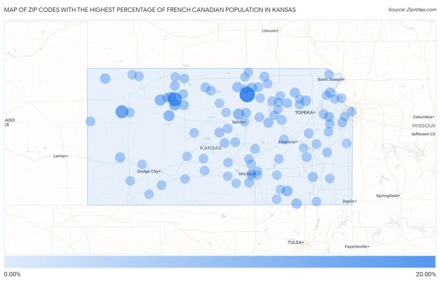 Zip Codes with the Highest Percentage of French Canadian Population in Kansas Map