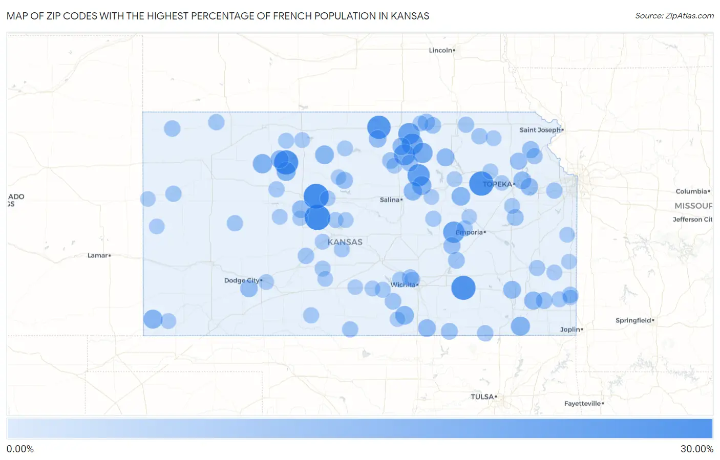 Zip Codes with the Highest Percentage of French Population in Kansas Map