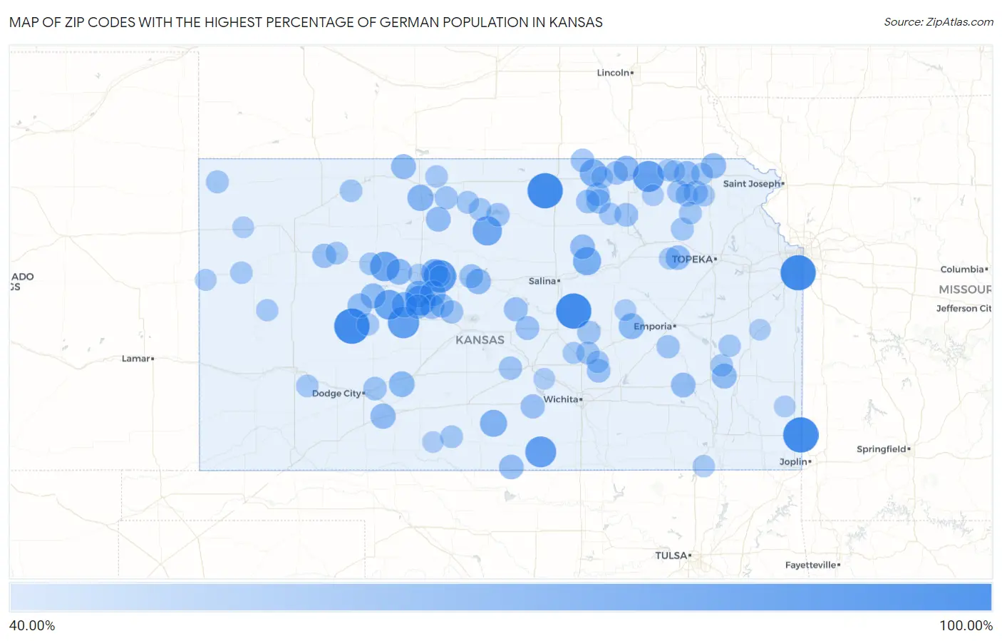 Zip Codes with the Highest Percentage of German Population in Kansas Map