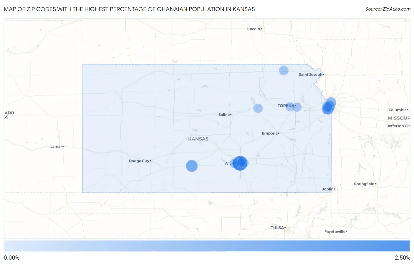 Zip Codes with the Highest Percentage of Ghanaian Population in Kansas Map