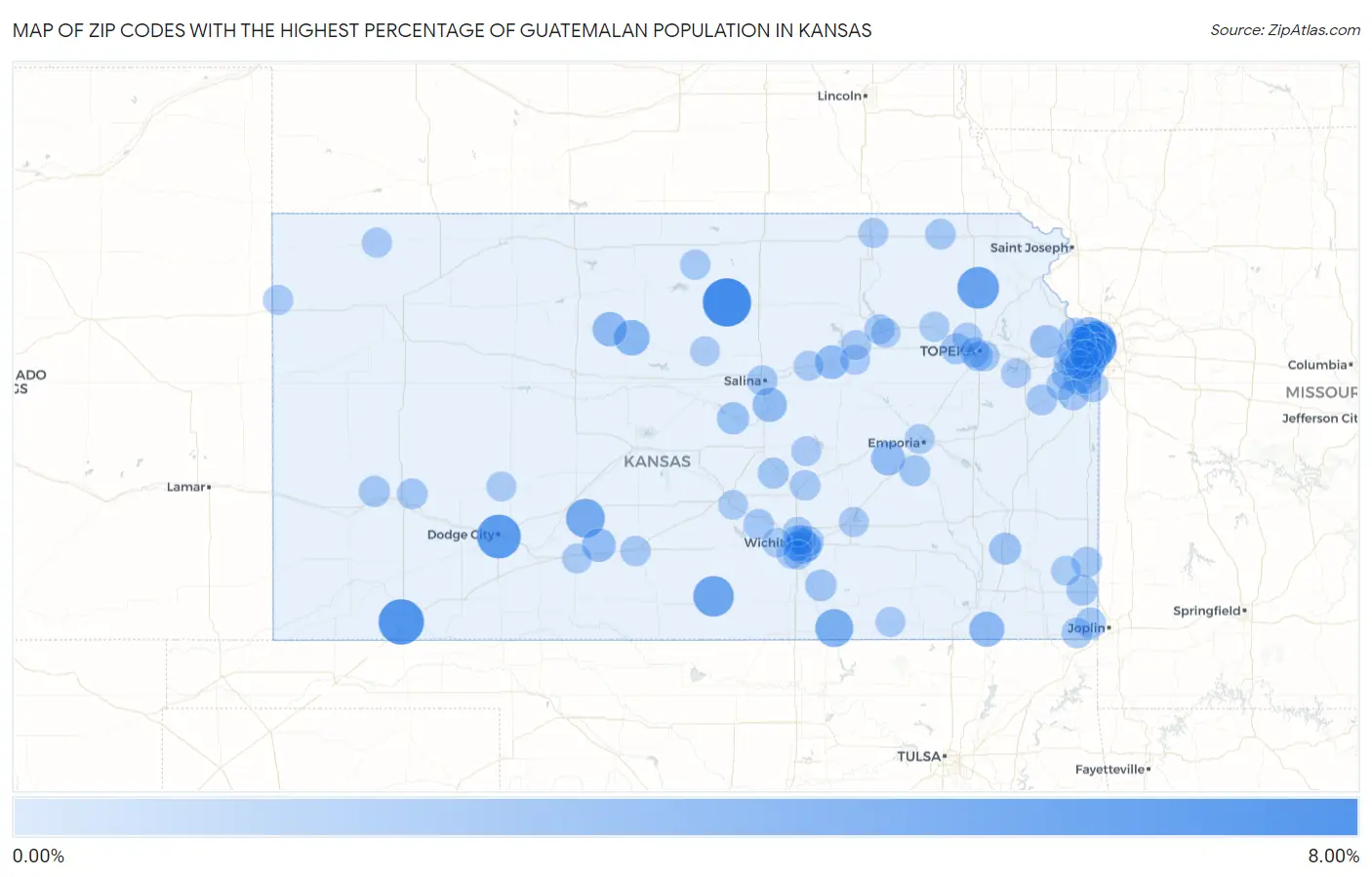 Zip Codes with the Highest Percentage of Guatemalan Population in Kansas Map