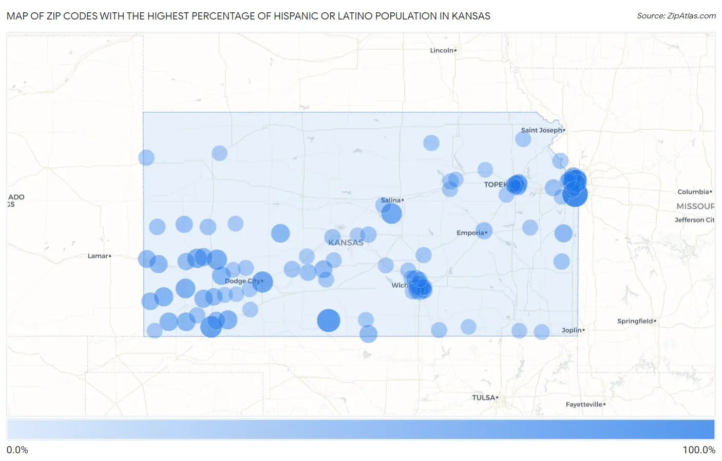 Zip Codes with the Highest Percentage of Hispanic or Latino Population in Kansas Map