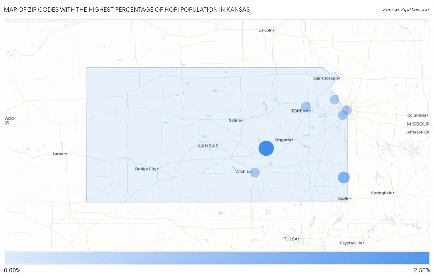 Zip Codes with the Highest Percentage of Hopi Population in Kansas Map
