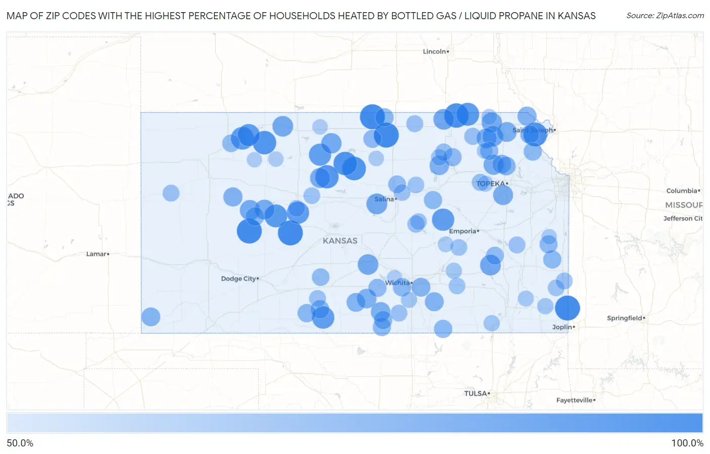 Zip Codes with the Highest Percentage of Households Heated by Bottled Gas / Liquid Propane in Kansas Map