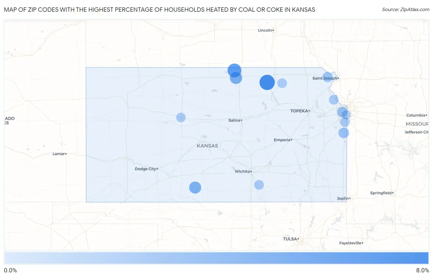 Zip Codes with the Highest Percentage of Households Heated by Coal or Coke in Kansas Map