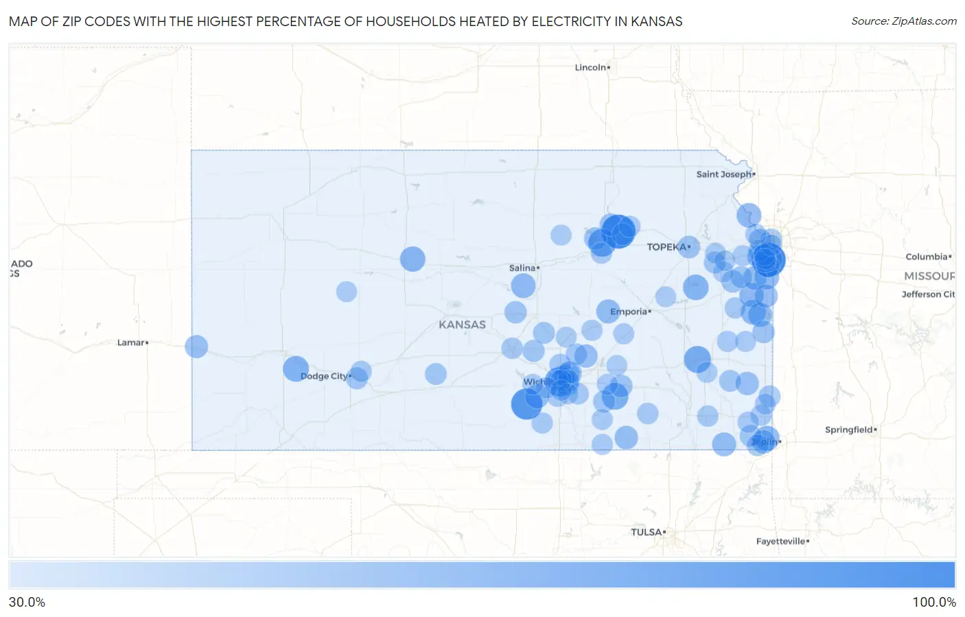 Zip Codes with the Highest Percentage of Households Heated by Electricity in Kansas Map