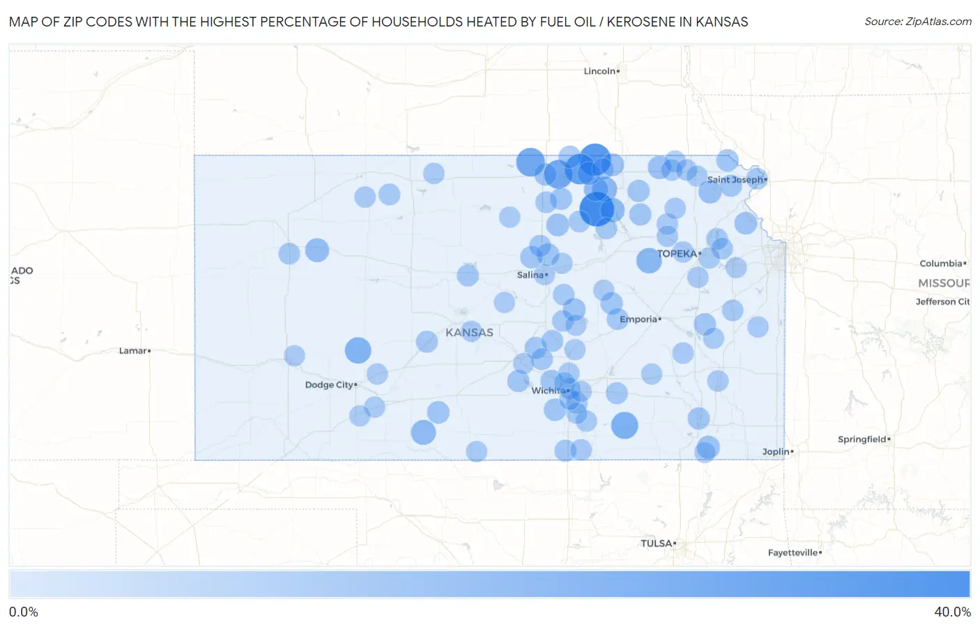 Zip Codes with the Highest Percentage of Households Heated by Fuel Oil / Kerosene in Kansas Map