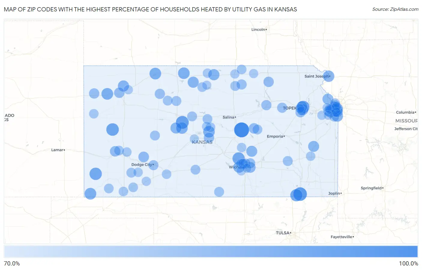 Zip Codes with the Highest Percentage of Households Heated by Utility Gas in Kansas Map