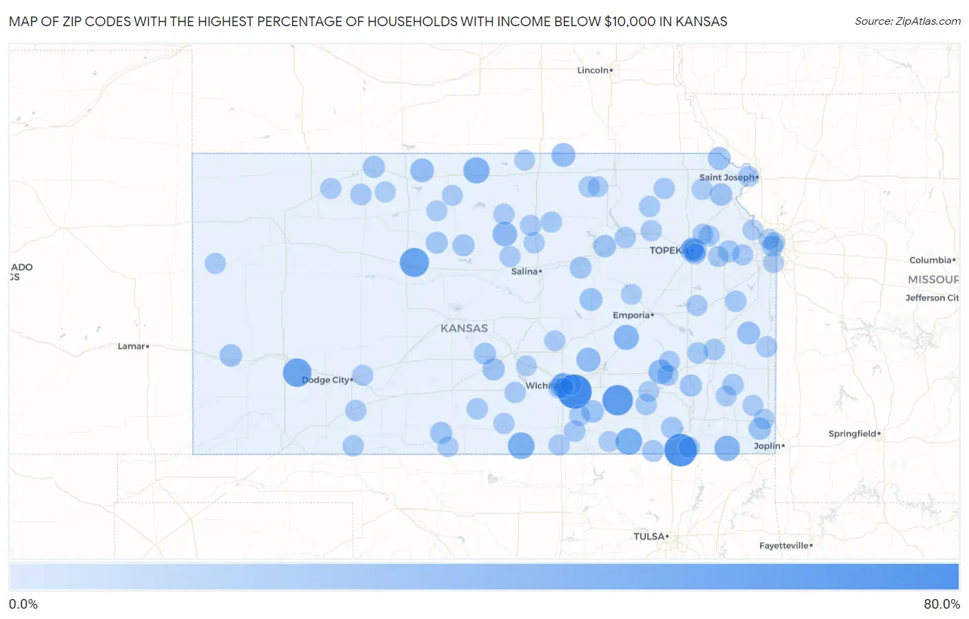 Zip Codes with the Highest Percentage of Households with Income Below $10,000 in Kansas Map