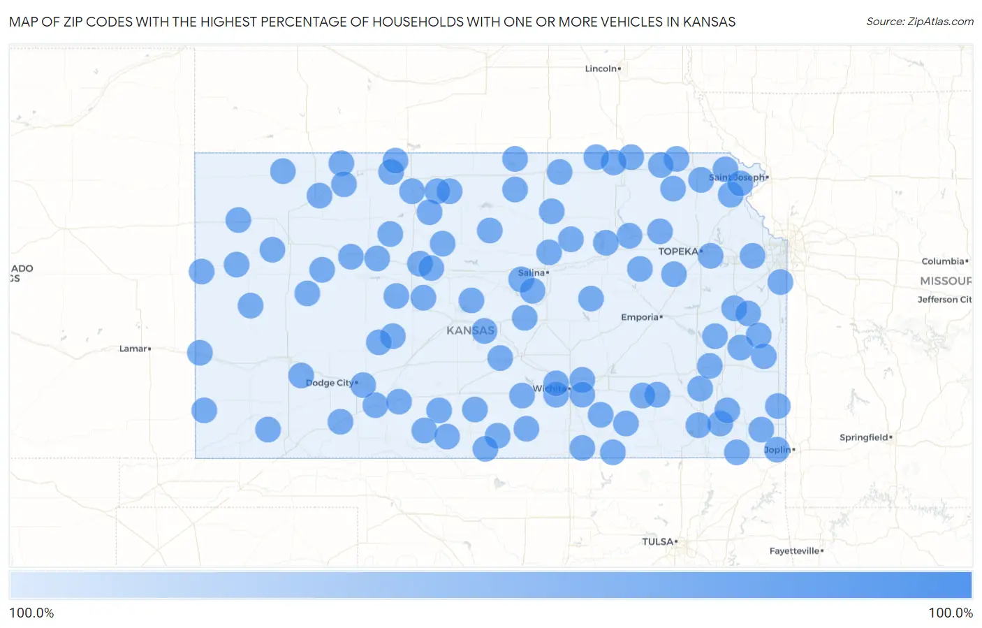 Zip Codes with the Highest Percentage of Households With One or more Vehicles in Kansas Map