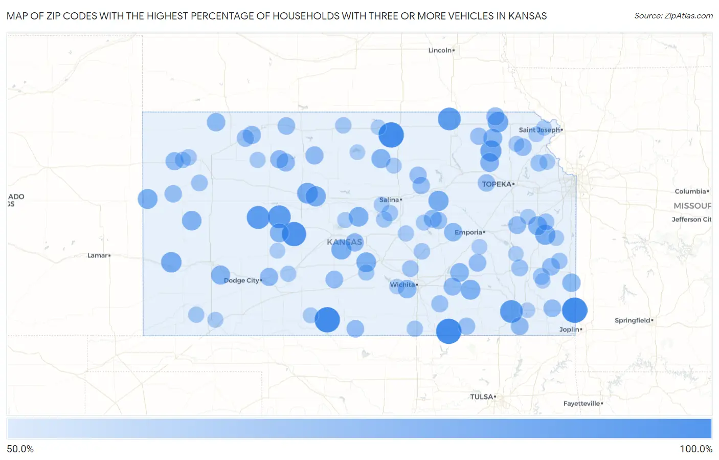 Zip Codes with the Highest Percentage of Households With Three or more Vehicles in Kansas Map