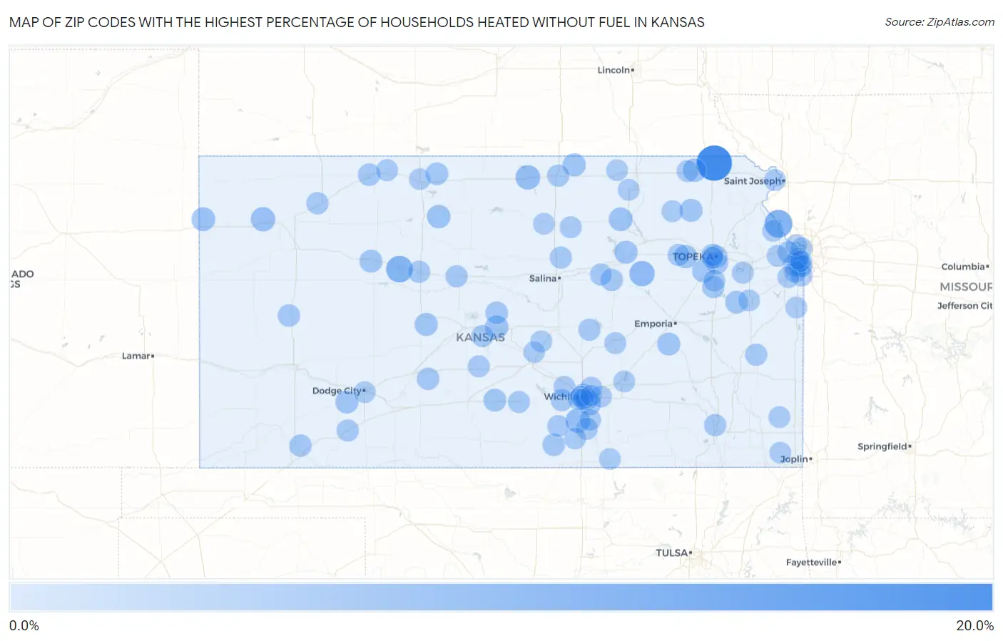 Zip Codes with the Highest Percentage of Households Heated without Fuel in Kansas Map
