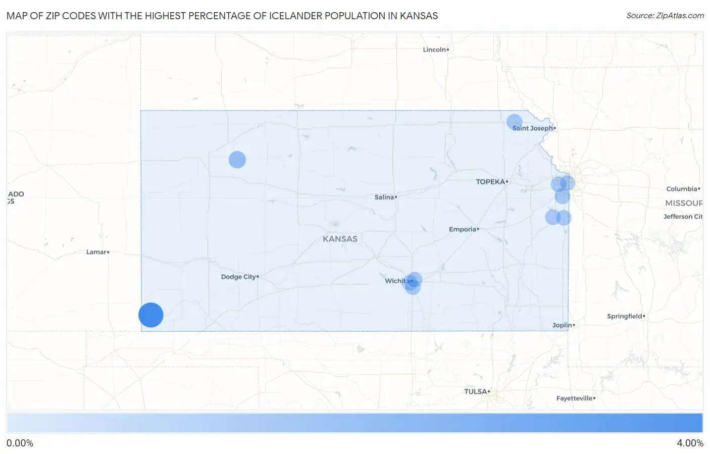Zip Codes with the Highest Percentage of Icelander Population in Kansas Map