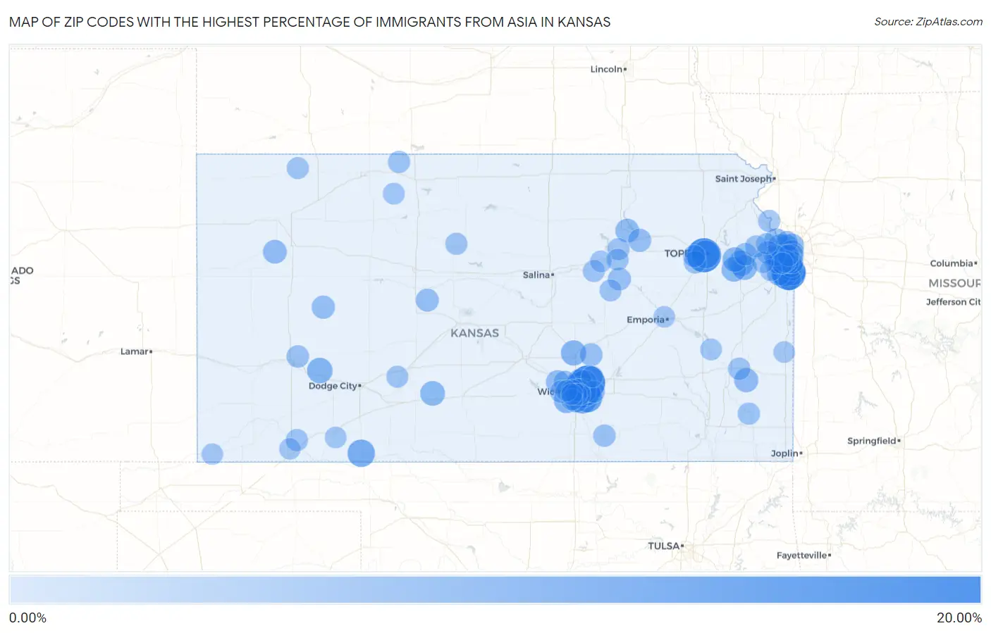Zip Codes with the Highest Percentage of Immigrants from Asia in Kansas Map