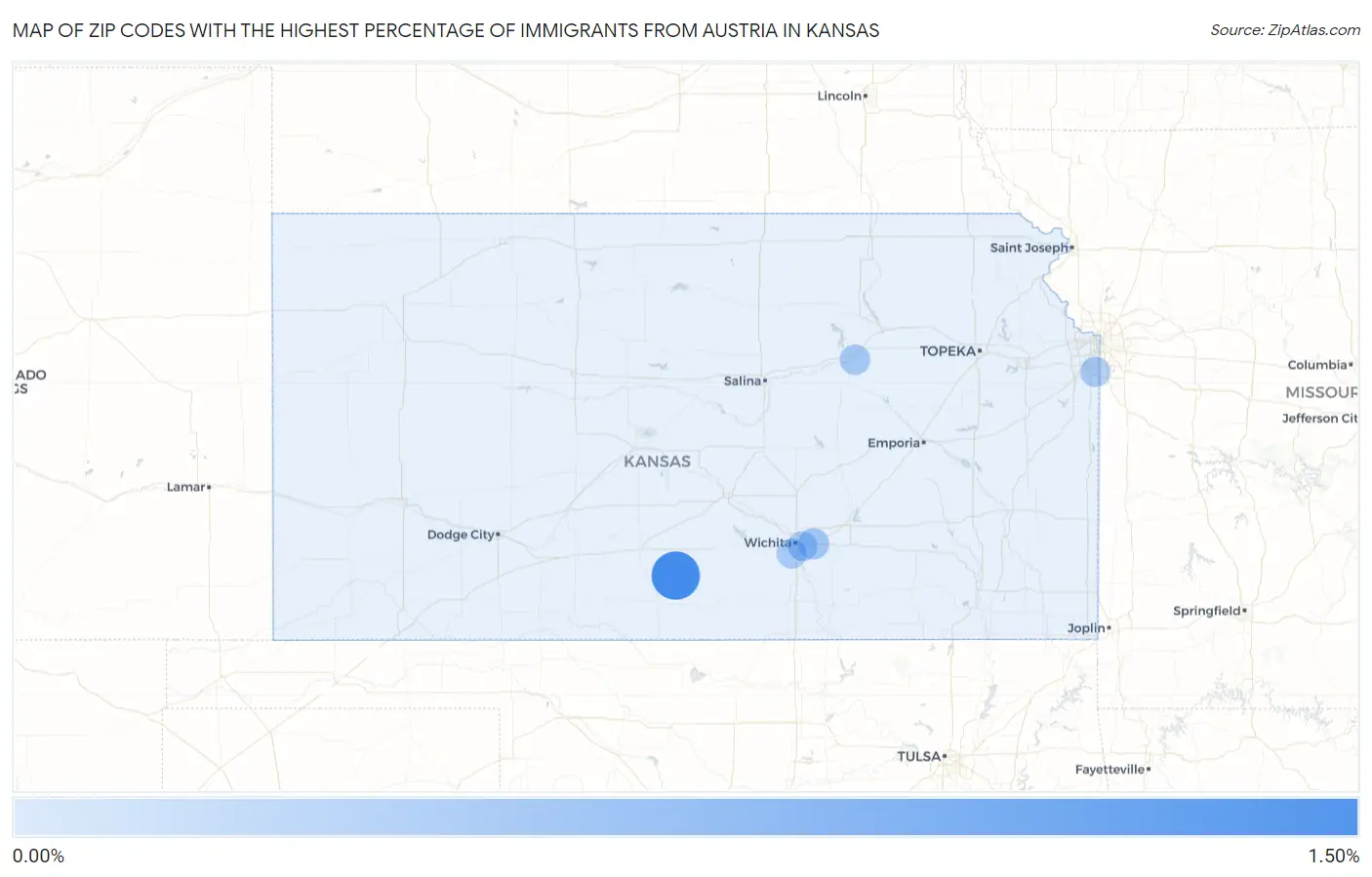 Zip Codes with the Highest Percentage of Immigrants from Austria in Kansas Map